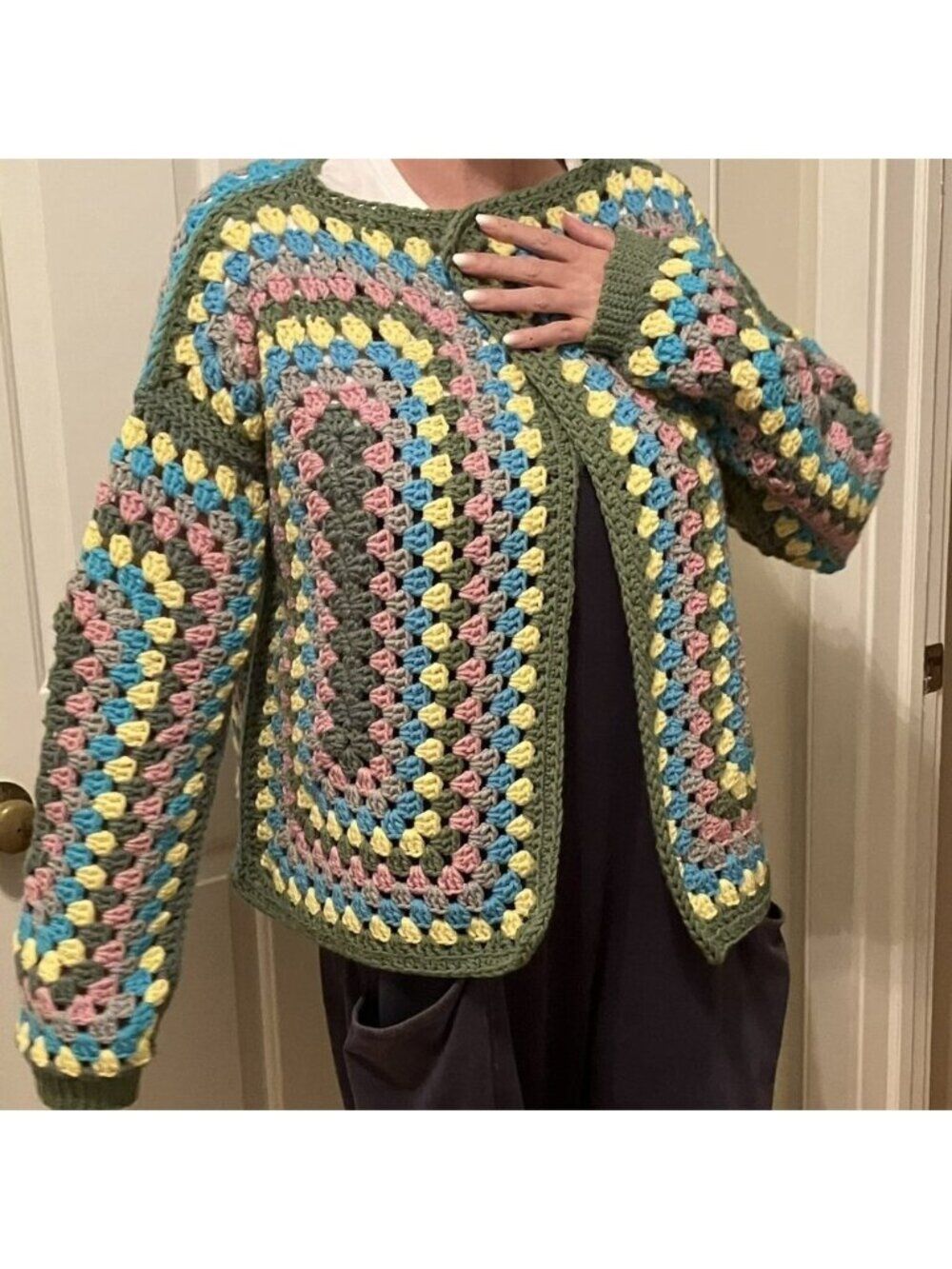 Crochet Sweater, Open Front Cardigan, Ribbed Cuffs, Multicolor Large, New